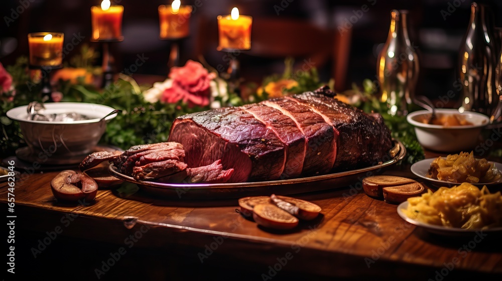 Picanha, a Brazilian cut of beef, served on a wooden board with herbs and spices