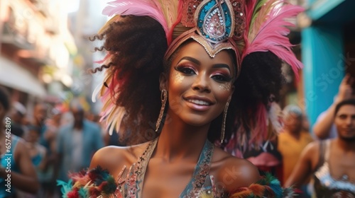 Carnival costume of a dancer in bright costume in the streets of rio de Janeiro.