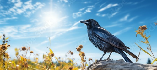 Crow looking to the sky. Generative AI technology.