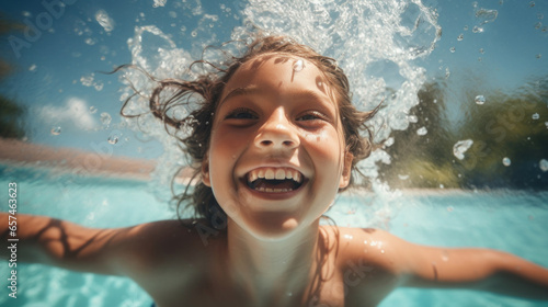 Close up little girl swimming in the pool and having fun.