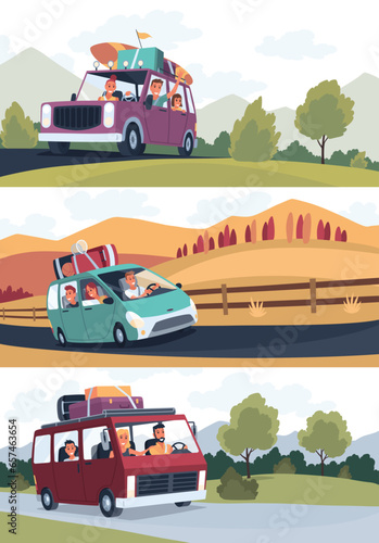 People traveling by car set. Happy family in road trip. Hitchhiking and traveling concept for banner, website design or landing web page. People in auto adventure on nature background