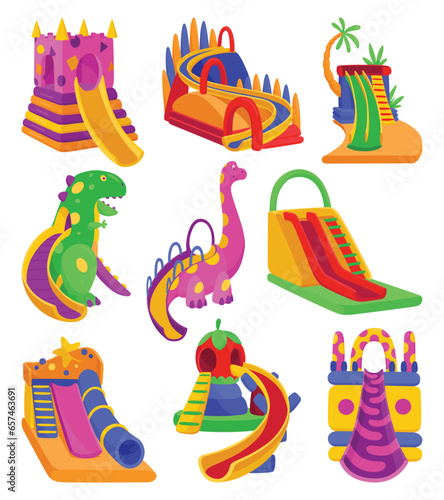 Inflatable bouncy slide icon set. Bright and fun playground for childhood activity in the park. Summer amusement activity space. Equipment for kids, vector illustration