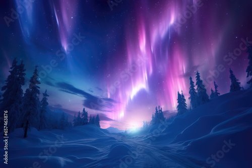 Light blue purple aurora on sky at snow mountains.