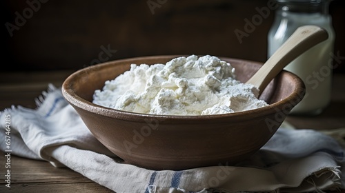 A bowl of fresh ricotta cheese on a wooden table