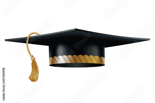 Graduation cap. Black educational student hat with golden tassel. Element for degree ceremony and educational programs design. College, high school or university cap isolated on white background