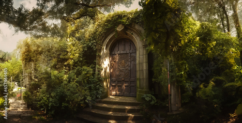 old castle in the woods  a large leafy door in the middle of a forest in the style
