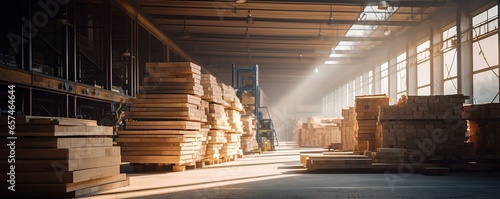 A stack of wooden boards in a warehouse, Lumber factory or sawmill, logging and planks, building wood materials.