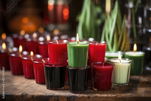 a kinara fully stocked with red, black, and green candles