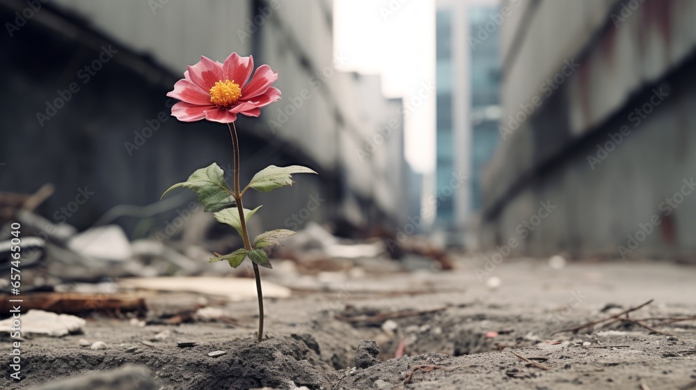 Urban Bloom: A Lone Flower in Concrete Jungle