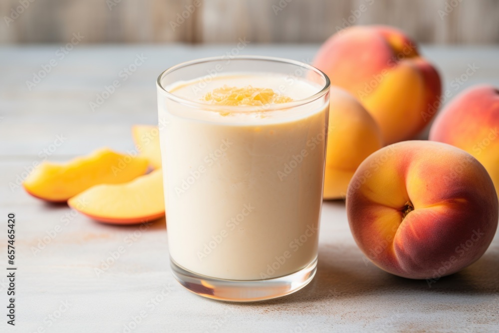 peach flavored protein shake in a clear glass with sliced peaches peach flavored protein shake in a clear glass with sliced peaches