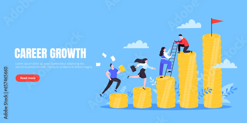 Business mentor helps improve career and money stacks growing. He holds stairs steps vector illustration. Mentorship, upskills, climb help self development strategy flat style design business concept.