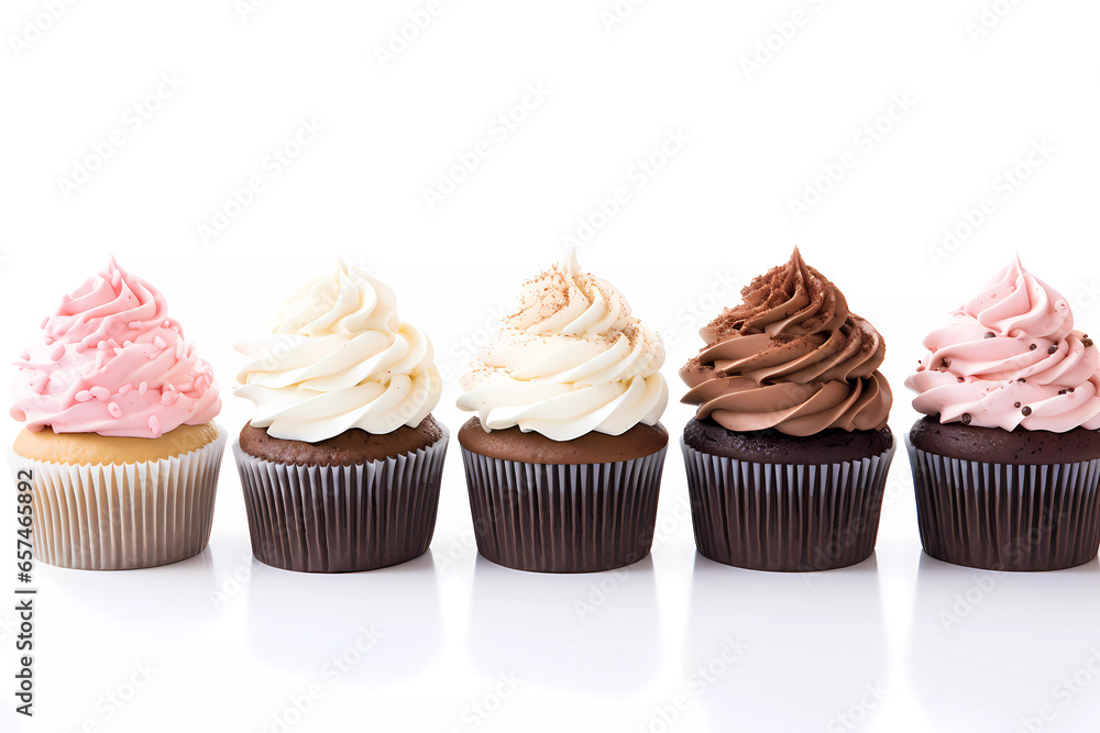 mouth-watering and delicious cupcakes with white, pink, and chocolate icing frost on top of the cupcake isolated on white background. 