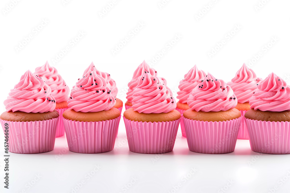 mouth-watering and delicious cupcakes with pink icing frost with sprinkles on top of the cupcake isolated on white background. 