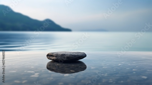 A product display mockup with a beautiful ocean background. The product is showcased on a dark  flat stone podium.