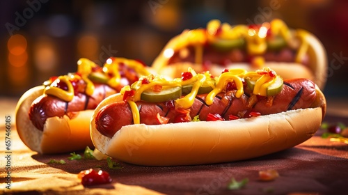 Close-up photo of appetizing hot dogs with mustard and ketchup on a wooden table photo