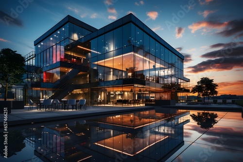 Modern Architectural Masterpiece at Dusk with Reflective Pond. generative ai