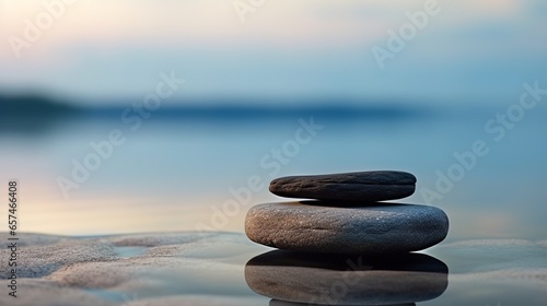 A product display mockup with a beautiful ocean background. The product is showcased on a dark, flat stone podium.