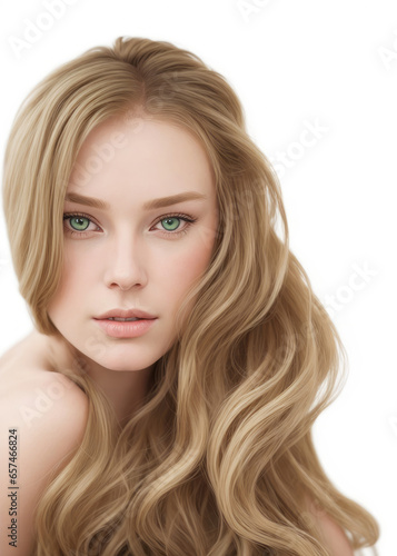 Portrait of a blonde woman with loose curls and side parting. The background is white. This image can be used for various purposes such as advertising, editorial or personal projects.