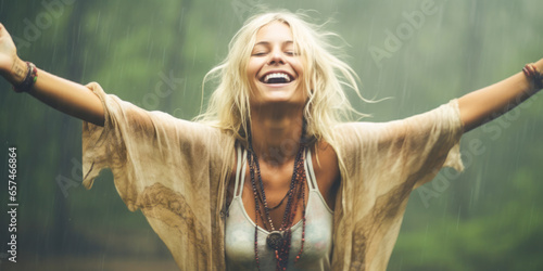 Enthralling image of a blissful blonde woman in wet t-shirt embracing rain, portraying a retro hippie style.