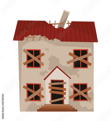 Old weathered house or dwelling. Abandoned home in bad condition. Bad old trouble building with damaged roof, shabby walls and exterior. Isolated neglected property
