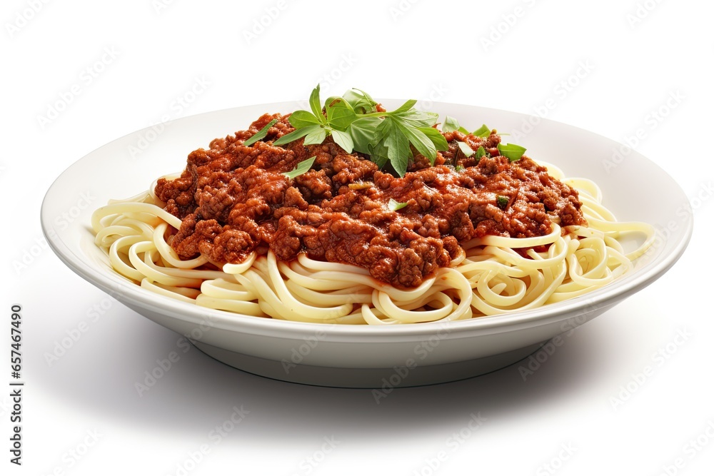 beef spaghetti on white bowl isolated on white background beef spaghetti on white bowl isolated on white background