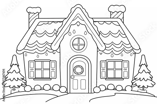 Black and white coloring worksheet. Coloring gingerbread house shaped cookies with decorations. Winter Christmas theme coloring book page activity for kids and adults.