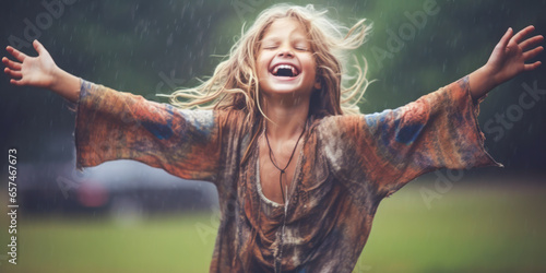 Joyful child dancing in the rain, arms outstretched and face upturned. photo