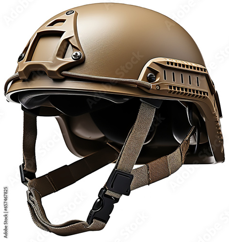 Bulletproof modern military ballistic helmet in sand color with chin strap. Isolated transparent background photo