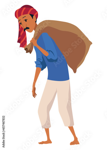 Indian farmer in traditional clothes. Rural man collect or harvesting. Rural business and village concept. Village rural character worker. Isolated vector illustration