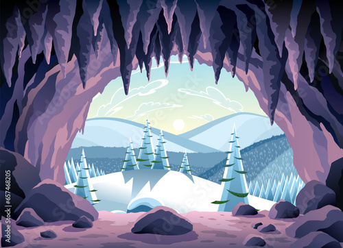 Cave landscape. Winter nature scene of cave entrance. Prehistoric dungeon, rock cavern game illustration. Vector illustration of tunnel in mountain or mine in rocks