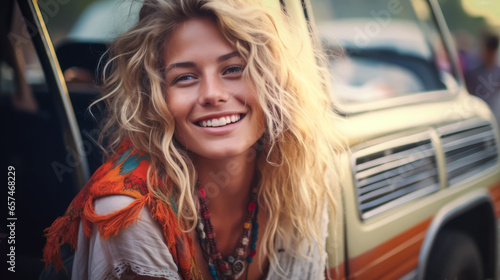 Charming blonde woman seated in vintage van, embodying joyous freedom on a carefree journey. © XaMaps