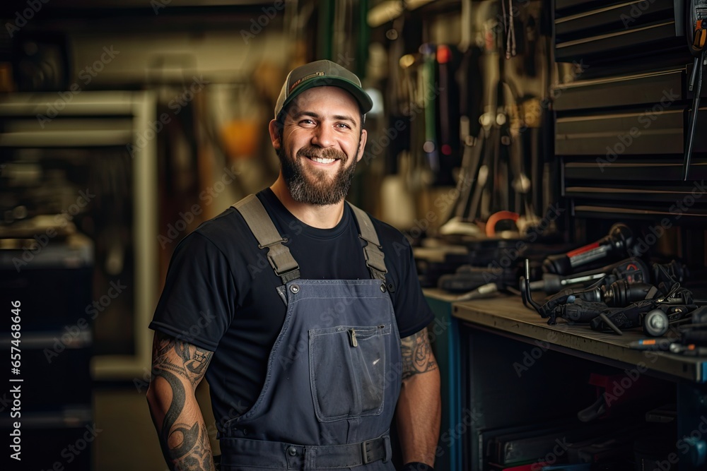A handsome young maintenance worker with a beard stands and smiles looking at the camera. Behind it is where his work tools are stored A handsome young maintenance worker with a beard stands and smiles looking at the camera. Behind it is where his work tools are stored