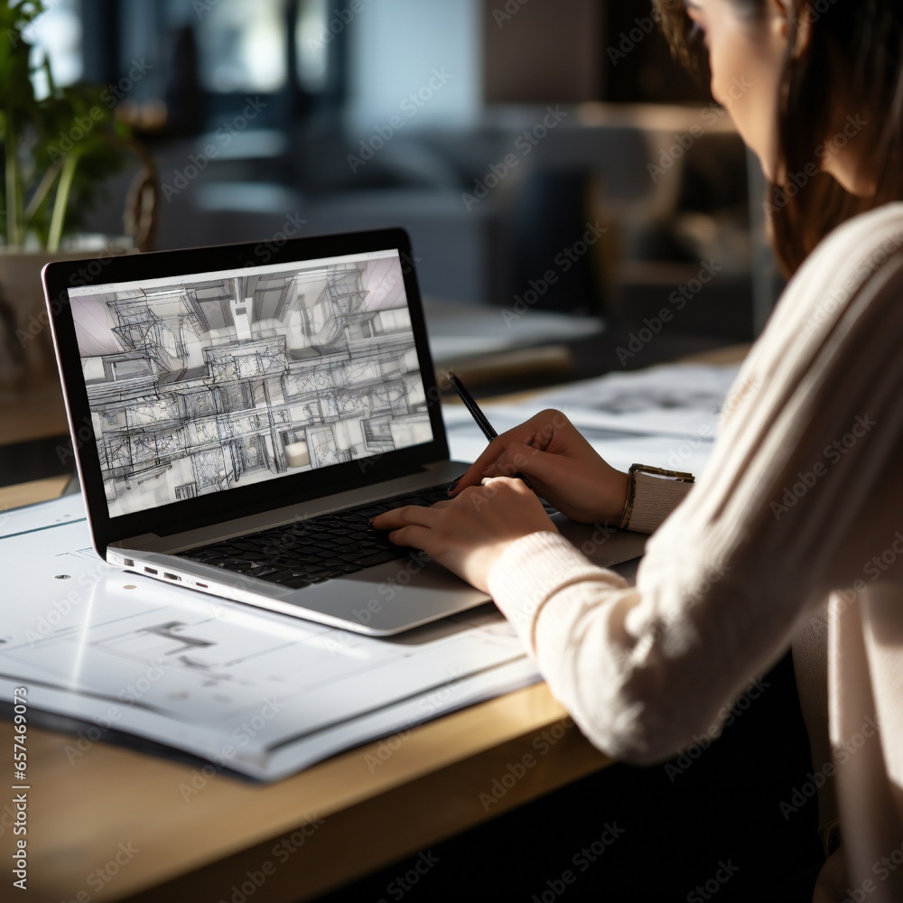 Woman working on archicad autocad drawings, she sit at the desk in light loft interior mark object on graphs Generative AI - obrazy, fototapety, plakaty 