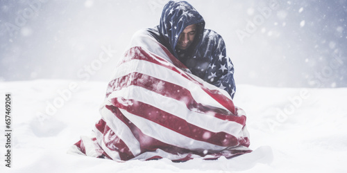 Dramatic portrayal of a shivering Mexican, draped in American flag amidst snow.