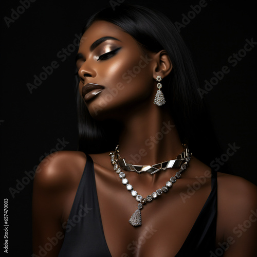 portrait of black woman glamorous makeup wearing luxury jewelry