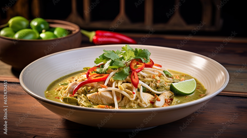 Thai spicy green curry noodles Kanom Jeen, generative ai
