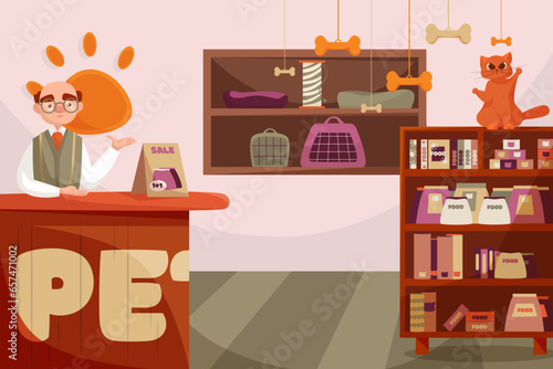 Illustration pet store, old man, cat, shelves, pet food, cartoon