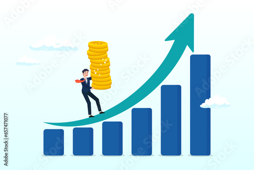 Businessman carry money coin stack walk up growth graph diagram, increase revenue, income or investment profit, growing income or wealth, growth chart diagram or savings and investment return (Vector) photo