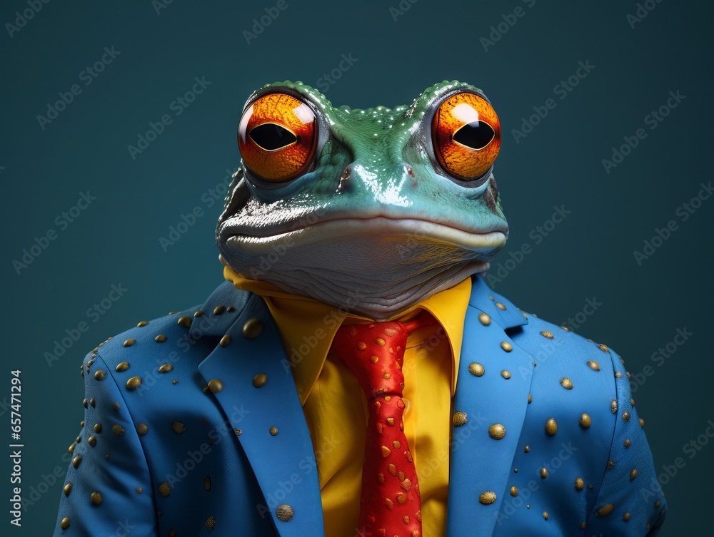 Man Frog Anthropomorphic Serious stupid Person in clothes: suite and tie. Business Concept - obrazy, fototapety, plakaty 