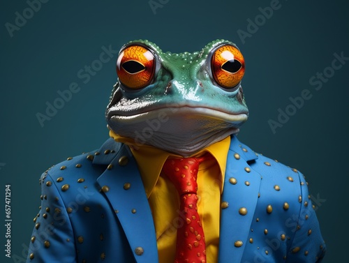 Fényképezés Man Frog Anthropomorphic Serious stupid Person in clothes: suite and tie