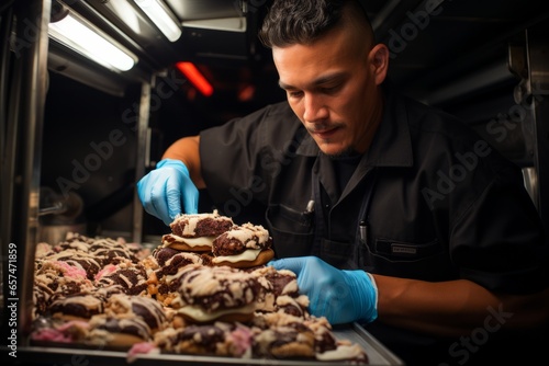  Food truck's chef handcrafting gourmet ice cream sandwiches with artisanal flavors, Generative AI photo