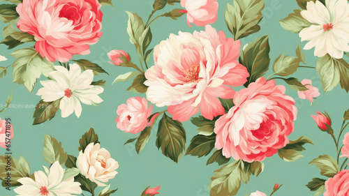 classic wallpaper seamless vintage flower pattern on green pastel background generative ai photo