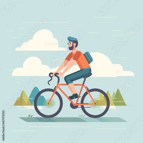 Flat Male Character Rides Bicycle Vector Illustration