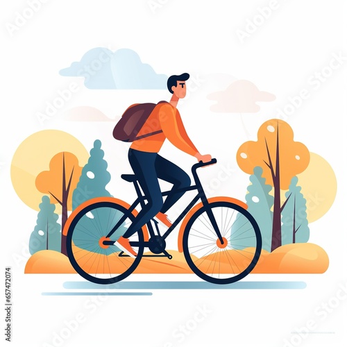Flat Male Character Rides Bicycle Vector Illustration