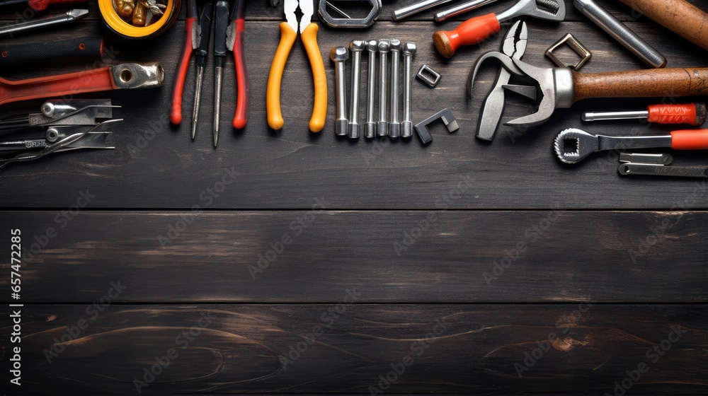 Fototapeta premium Set of mechanic tools, wrenches and screwdrivers, pliers and other tools on black wooden table