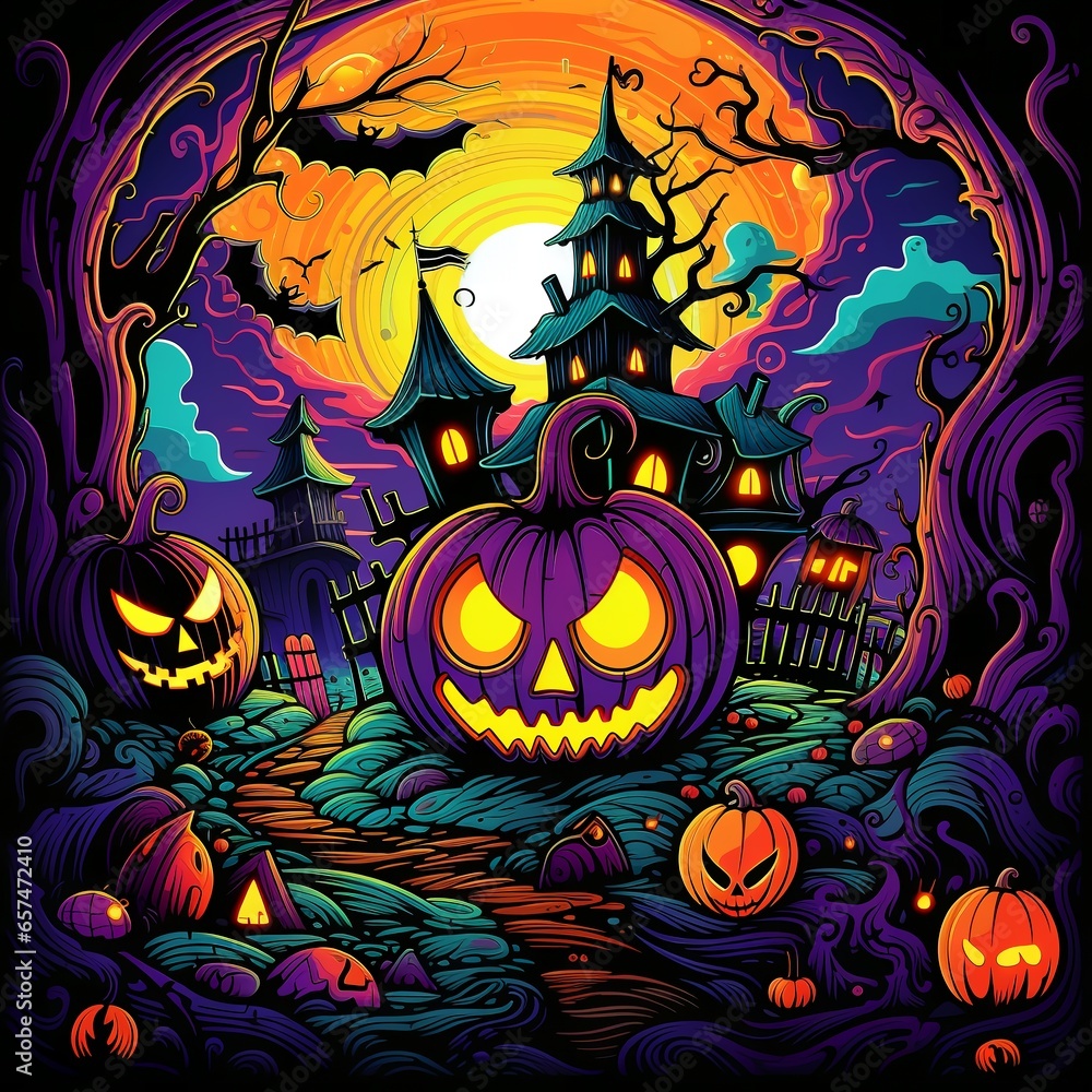 Cartoon Halloween spooky house. Illustrations of a Spooky House for Halloween. Colorful illustration of an old creepy haunted house. Fairytale and fantasy design. AI Generated.