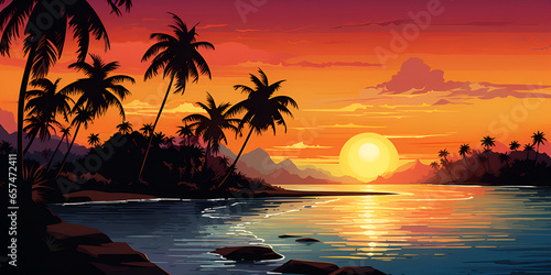 Sunset on the beach with palm trees, A digital painting of a beach with a sunset and palm trees, Paradise palms Hawaii silhouette sea generative AI    © Mustafa