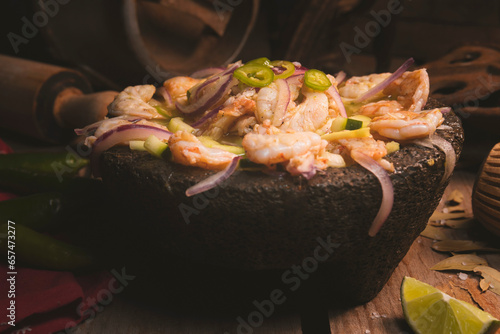 Exquisito platillo campirano: MOLCAJETE con CAMARONES al AGUACHILE. photo