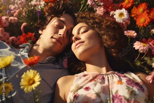 couple lying together in a flower garden while taking a selfie generative ai