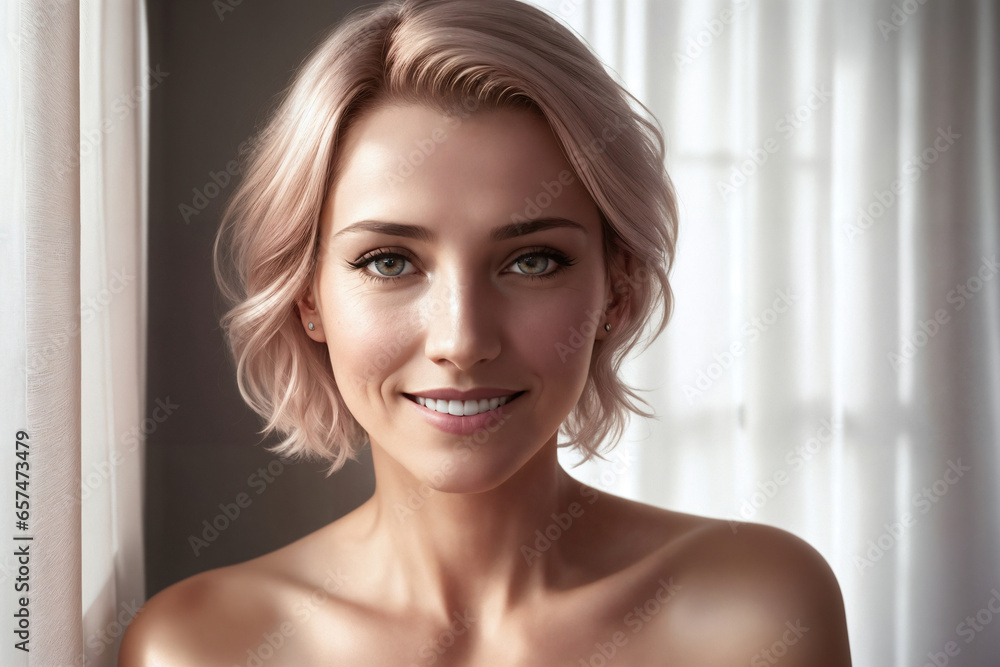 Portrait of a beautiful woman near window in a bedroom. Portrait of a beautiful woman near window in a bedroom.